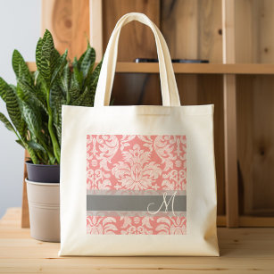 Modern Lace Damask Pattern - Coral and Grey Tote Bag