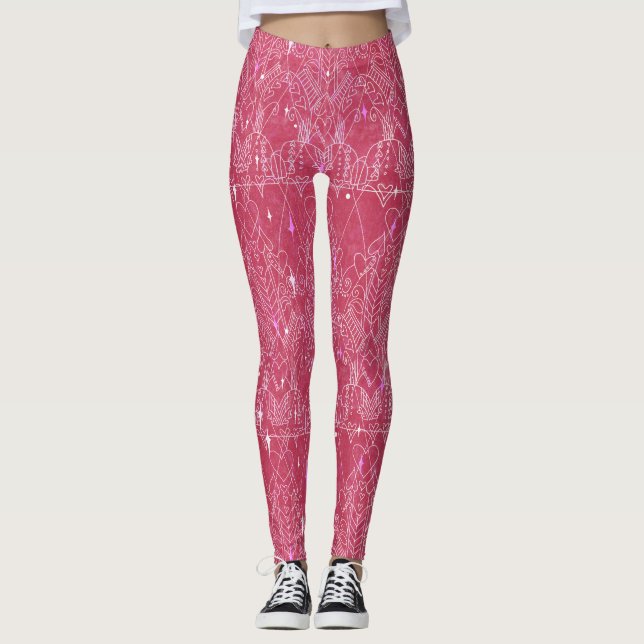 Modern Lace-look Magenta Valentine Leggings (Front)