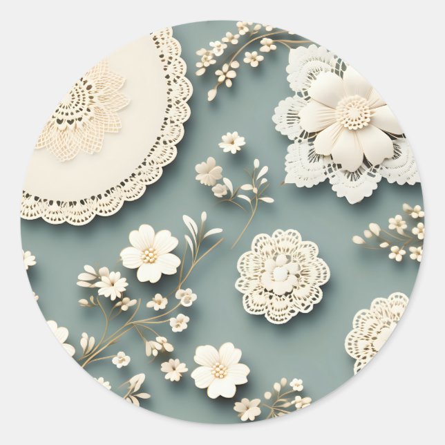 Modern Lace White Flowers Classic Round Sticker (Front)