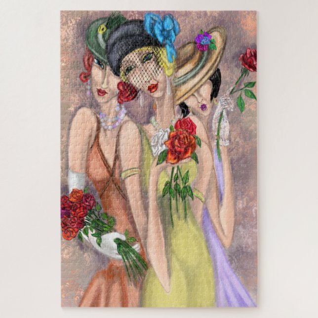 Modern Ladies with Roses Puzzle - Vintage Style    (Vertical)