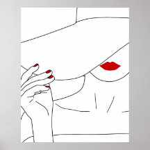 Modern Lady In Hat With Red Lipstick Line Art