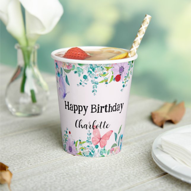 Modern Ladybug Butterfly colourful flower Birthday Paper Cups (Insitu)