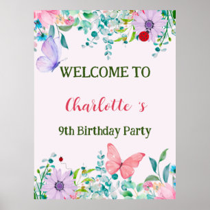 Modern Ladybug Butterfly colourful flower Birthday Poster