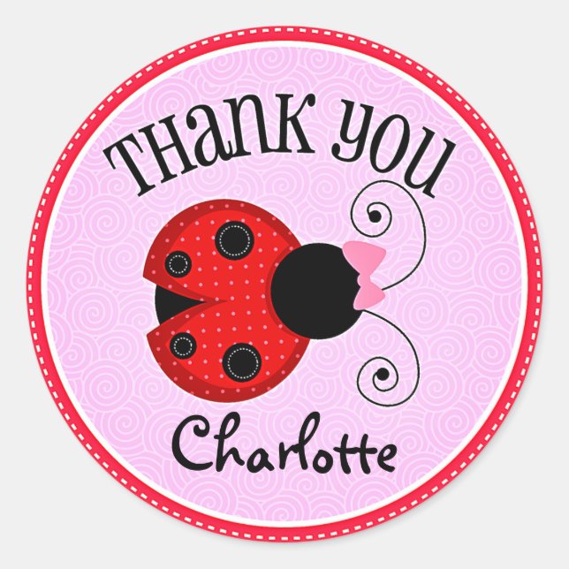 Modern Ladybug Personalised Thank You Classic Round Sticker (Front)