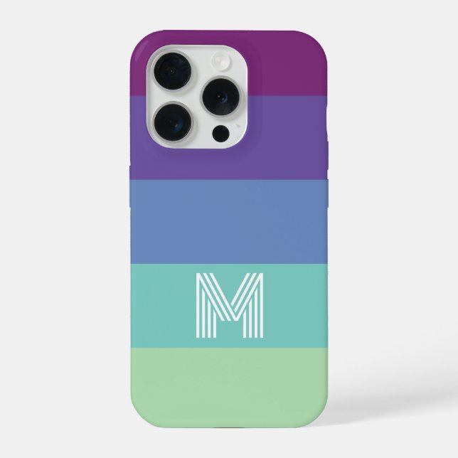 Modern Lagoon Stripes, Purple Blue Custom Monogram iPhone Case (Back)