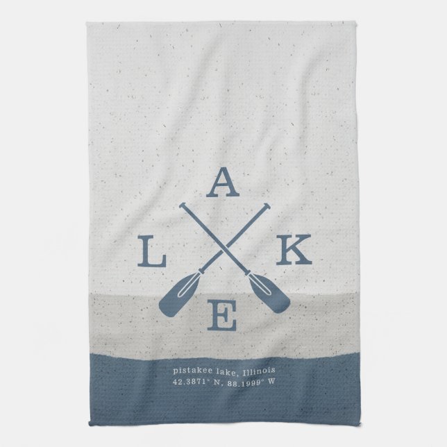 Modern Lake House Custom Coordinates Tea Towel (Vertical)