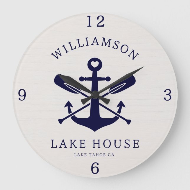 Modern Lake House Family Name Anchor Oars | Blue Large Clock (Front)