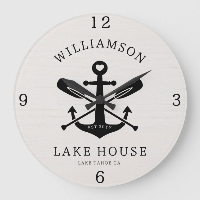 Modern Lake House Family Name Anchor Oars Paddles  Large Clock (Front)