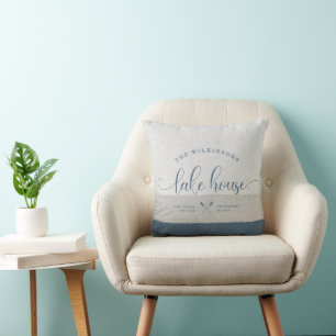 Modern Lake House Family Name Brush Script Blue Cushion