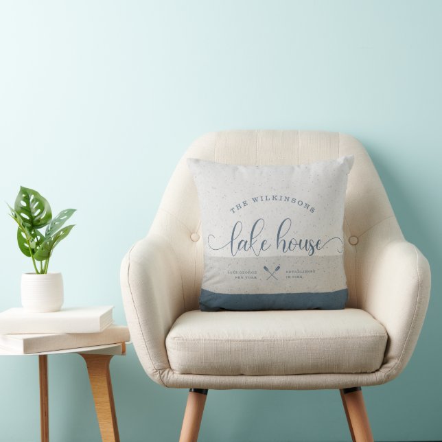 Modern Lake House Family Name Brush Script Blue Cushion (Chair)