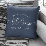 Modern Lake House Family Name Brush Script Blue Cushion<br><div class="desc">Modern,  chic brush script reading LAKE HOUSE alongside your family name in a trendy typography driven design. Great custom home decor pillow for your home away from home. Both romantic and stylish,  our dusty navy blue pillow features a sweet canoe illustration between your location and the year established.</div>