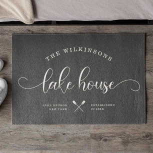 Modern Lake House Family Name Brush Script Blue Do Doormat
