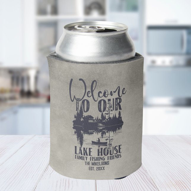 Modern Lake House Family Name Can Cooler (Creator Uploaded)
