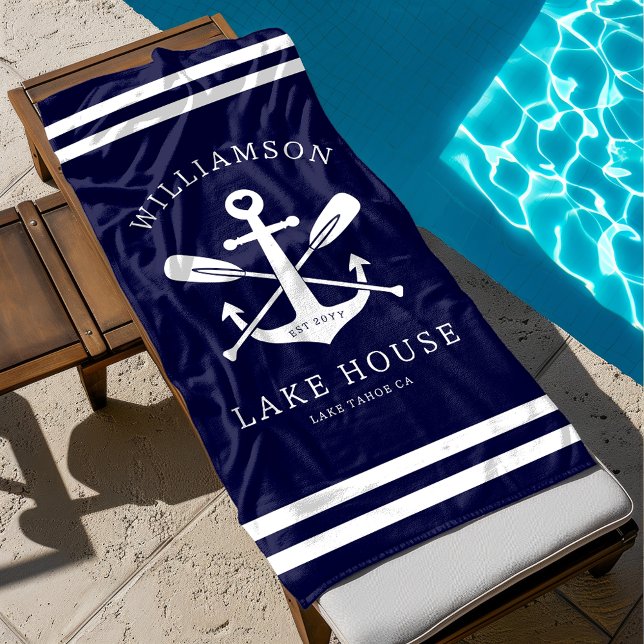 Modern Lake House Family Name Nautical Navy Blue Beach Towel (Creator Uploaded)