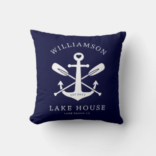 Modern Lake House Family Name Nautical Navy Blue Cushion