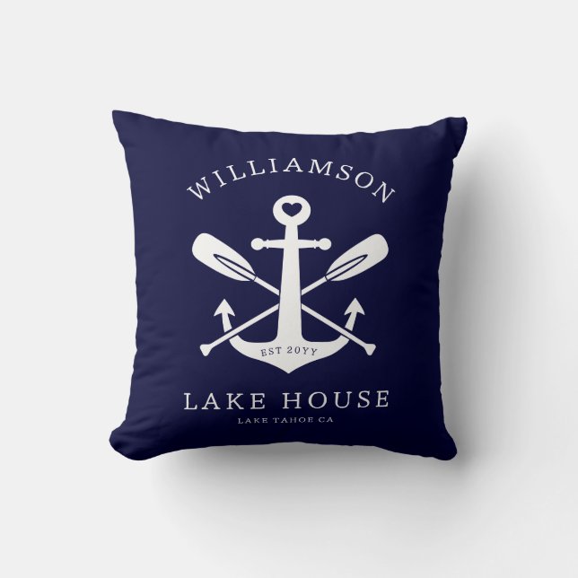 Modern Lake House Family Name Nautical Navy Blue Cushion (Front)