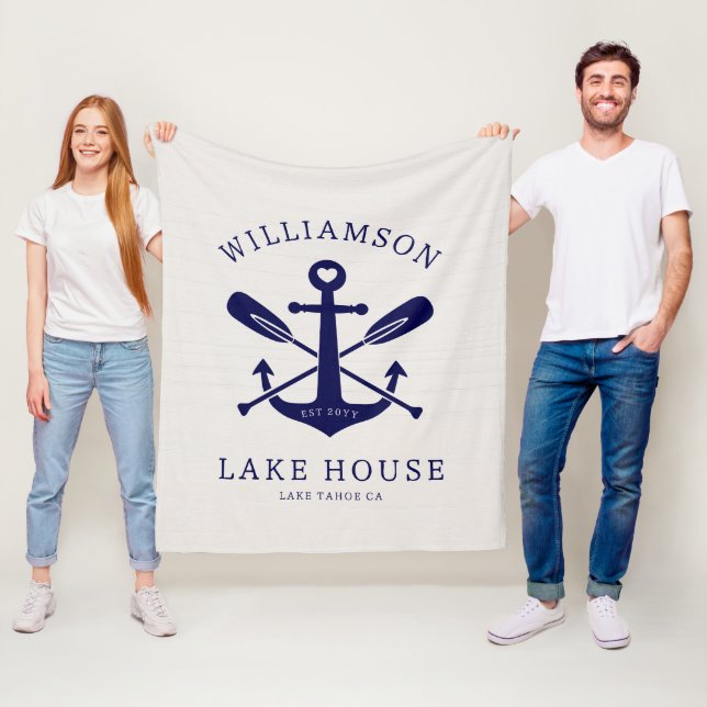 Modern Lake House Family Name Nautical | Navy Blue Fleece Blanket (In Situ)