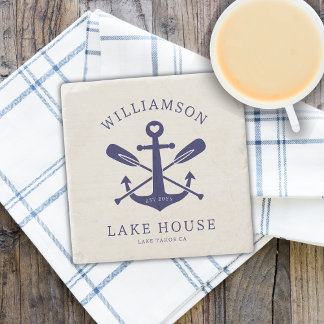 Modern Lake House Family Name Nautical | Navy Blue Stone Coaster