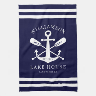 Modern Lake House Family Name Nautical Navy Blue Tea Towel