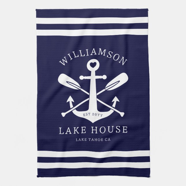 Modern Lake House Family Name Nautical Navy Blue Tea Towel (Vertical)