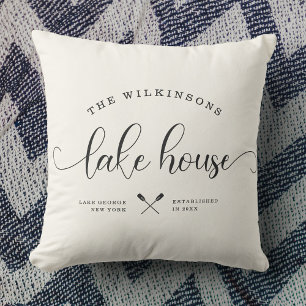 Modern Lake House Family Name Script Location Cushion
