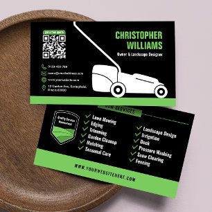 Modern Landscaping Lawn Mowing Black Green QR Code Business Card