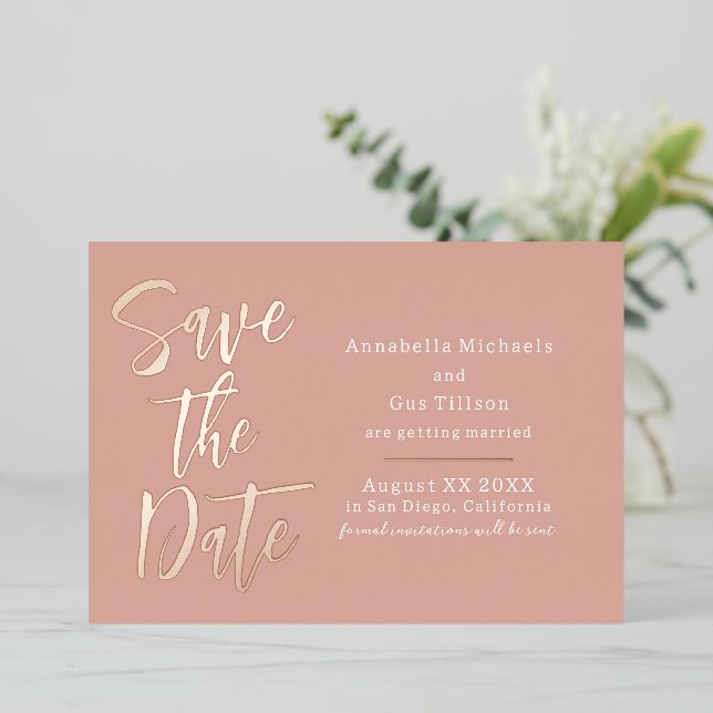 Modern Large Font on Dusty Peach Save the Date (Standing Front)