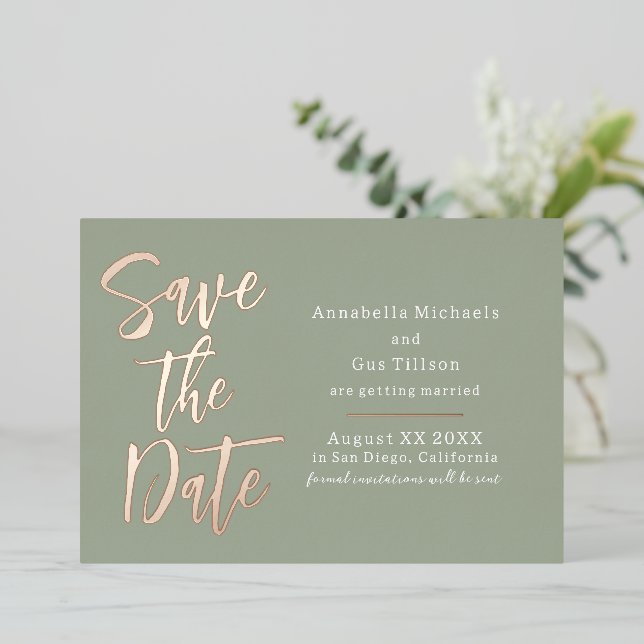 Modern Large Font on Sage Green Save the Date (Standing Front)