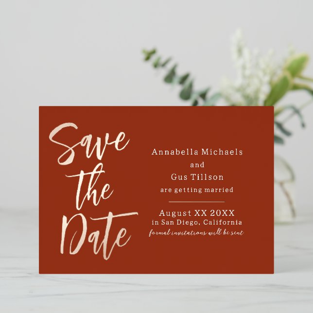 Modern Large Font on Terra Cotta Save the Date (Standing Front)