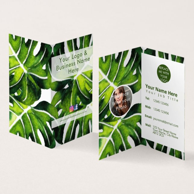 Modern large green palm leaves business card (Inside and Outside)