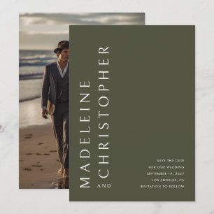 Modern Large Names Olive Green Photo Wedding Save The Date