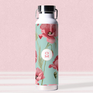 Modern Large Pink Poppy Wildflower Monogram Water Bottle