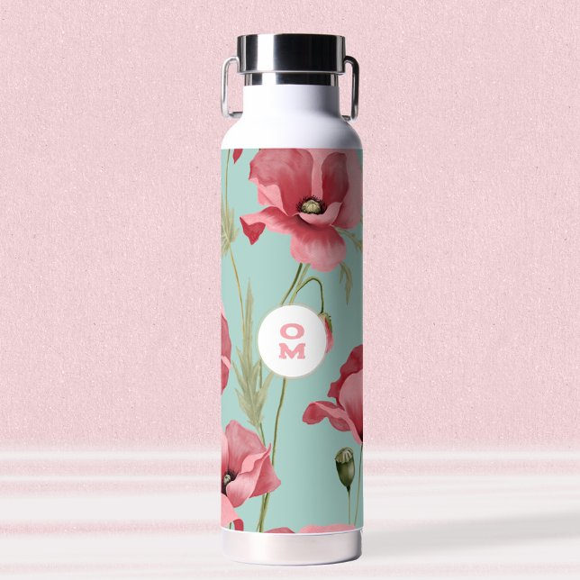 Modern Large Pink  Poppy Wildflower Monogram  Water Bottle (Modern Large Pink Poppy Wildflower Monogram Water Bottle ©Susanne Sachers - Sunny Mind Design 🌞)