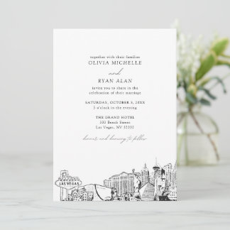 Modern Las Vegas Skyline Black & White Wedding Invitation