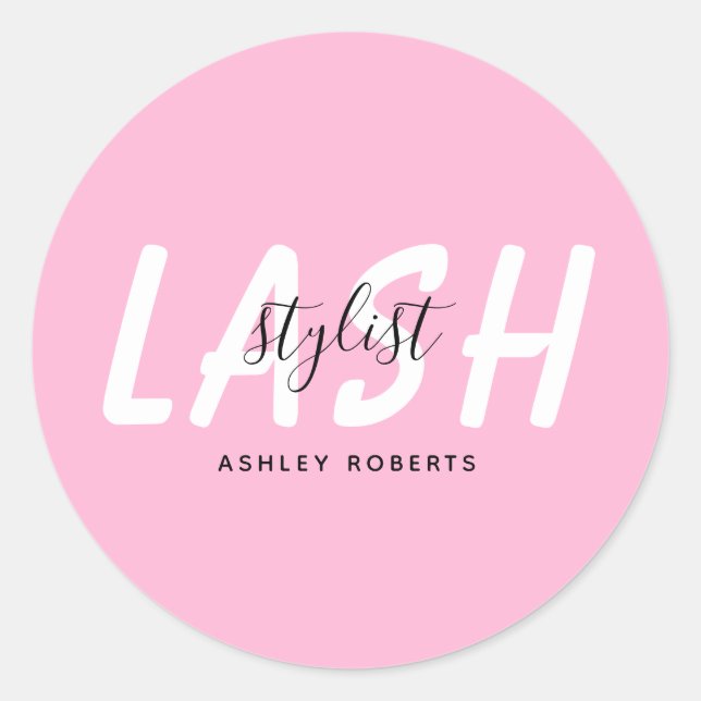 Modern lash stylist pink classic round sticker (Front)