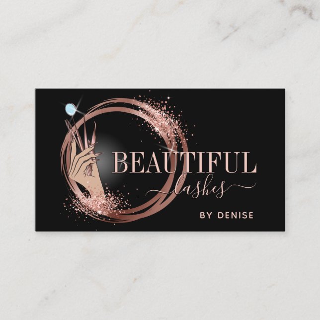  modern lash technician woman hand glittering business card (Front)