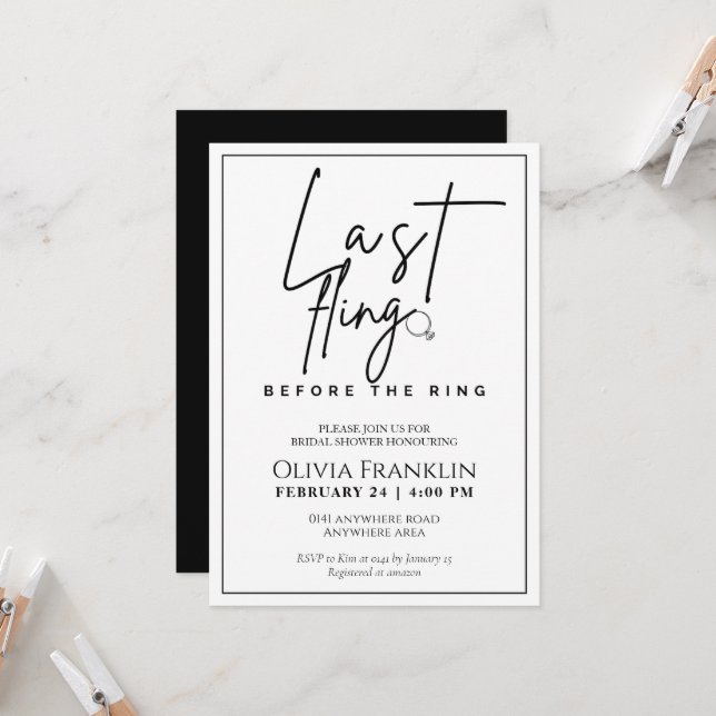 Modern last fling before the ring bridal shower invitation (Front/Back In Situ)