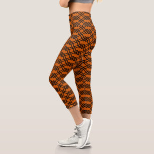 Modern Lattice Geometric Black & Burnt Orange Capri Leggings