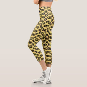 Modern Lattice Geometric Black & Butter Yellow Capri Leggings