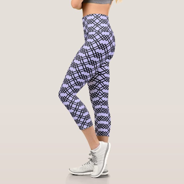 Modern Lattice Geometric Black & Light Periwinkle Capri Leggings (Left)
