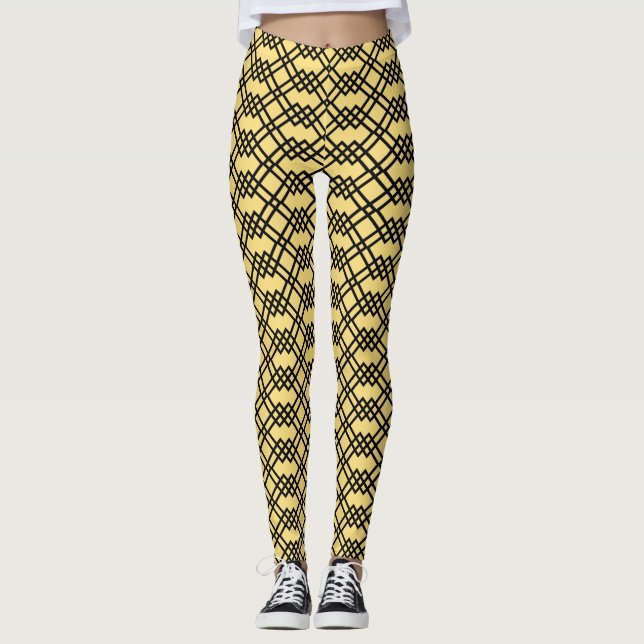 Modern Lattice Geometric Butter Yellow & Black Leggings (Front)