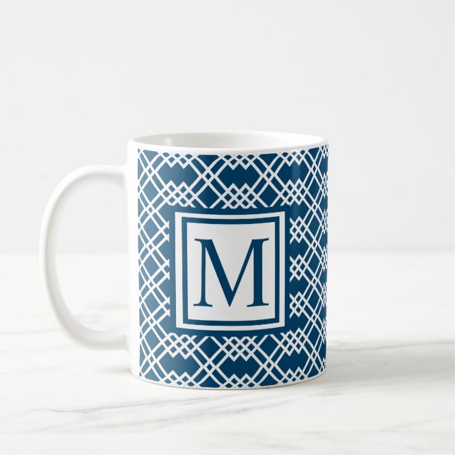 Modern Lattice Geometric Monogram Ocean Blue Coffee Mug (Left)