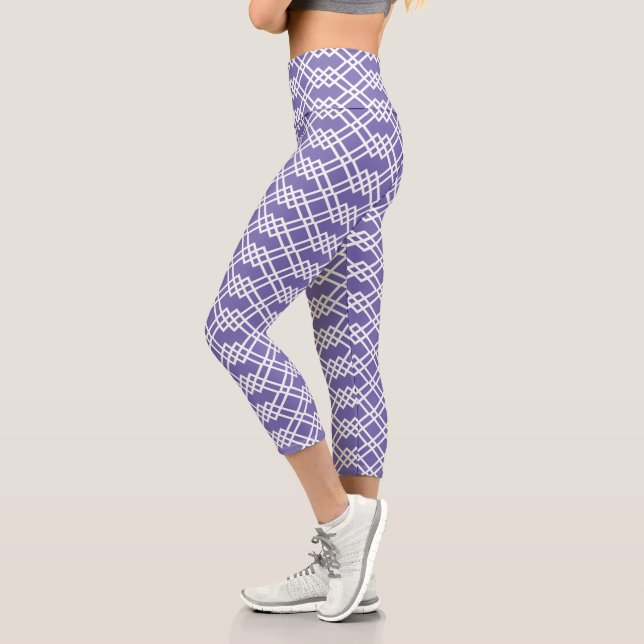 Modern Lattice Geometric Periwinkle & White Capri Leggings (Left)