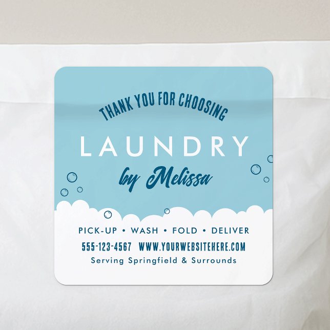 Modern Laundry Service Blue & White Thank You Square Sticker (Thank you for order laundry business stickers with your business name or logo)