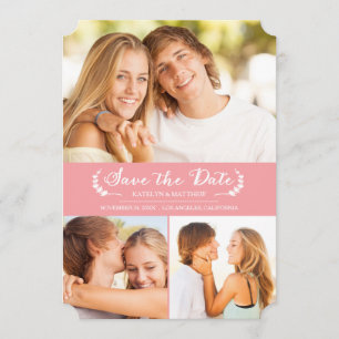 Modern Laurel Save the Date Photo Card / Pink