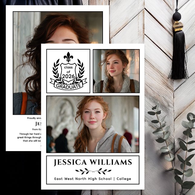 Modern Laurels 3 Photo Class of 2026 Graduation  Announcement (Modern Laurels | Fleur de Lis Crest Graduate 3 Photo Graduation Announcement -Print | Digital - BW)