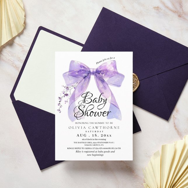 Modern Lavender Bow and Flowers Baby Shower Invitation (Creator Uploaded)