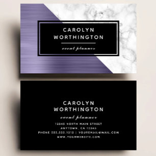 Modern Lavender Brushed Foil White Marble Black Business Card