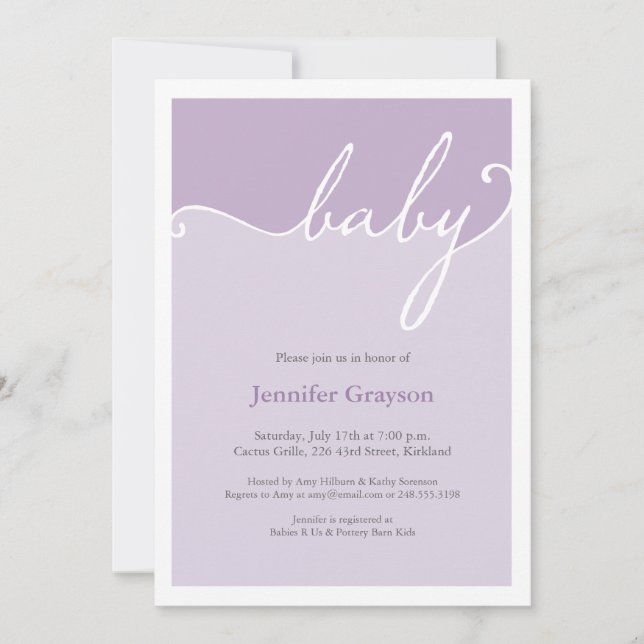 Modern Lavender Calligraphy Script Baby Shower Invitation (Front)