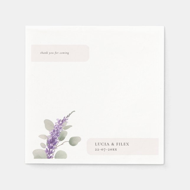 Modern Lavender Eucalyptus Leaves Wedding Napkin (Front)